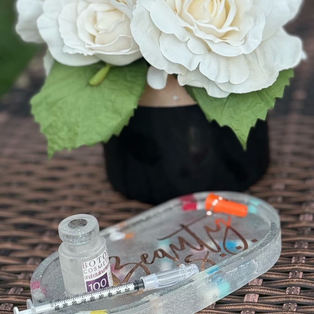 Hand Crafted Beauty Is decorative tray, Botox, resin, medicine, party, display